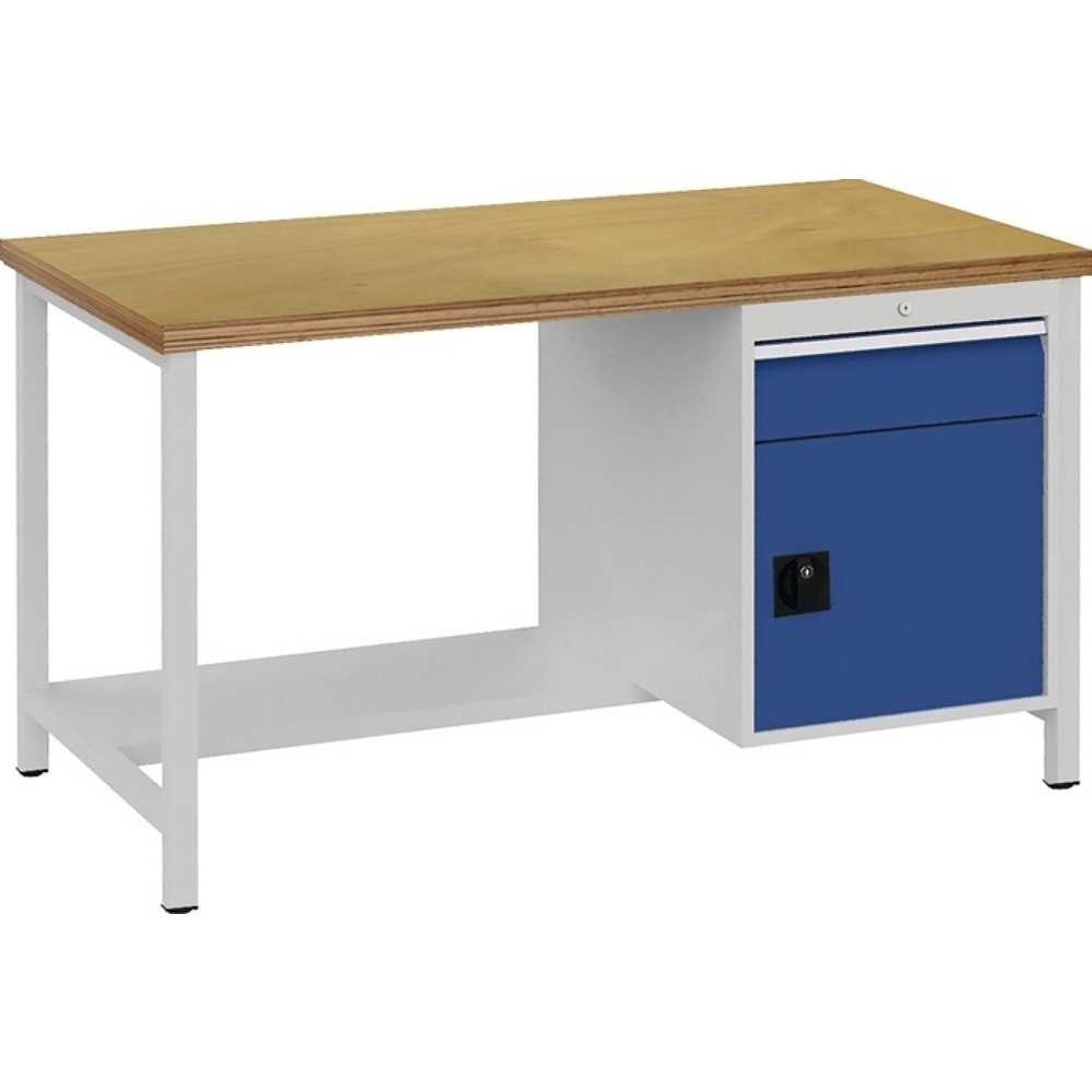 Illustration du produit: Bedrunka+Hirth Werkbank lichtgrau, RAL 7035 signalblau, RAL 5005, Buche Multiplex 40 mm, B1500xH859xT750 mm, 1 Schublade 1 Tür