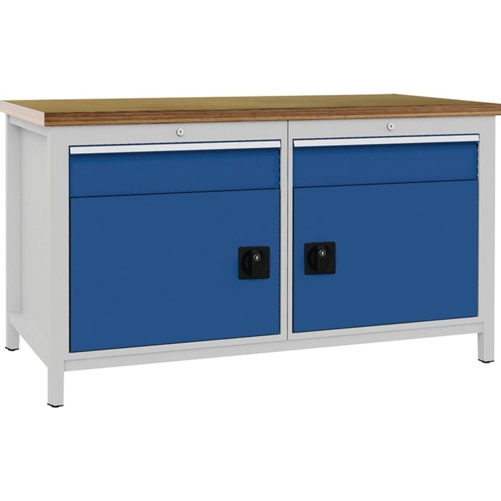 Illustration du produit: Bedrunka+Hirth Werkbank lichtgrau, RAL 7035 signalblau, RAL 5005, Buche Multiplex 40 mm, B1500xH859xT750 mm, 2 Schubladen 2 Türen