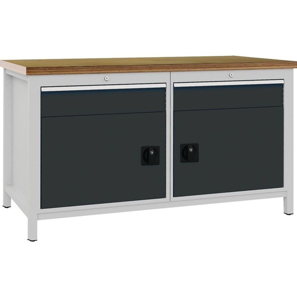Illustration du produit: Bedrunka+Hirth Werkbank lichtgrau anthrazitgrau, Buche Multiplex 40 mm, B1500xH859xT750 mm, 2 Schubladen 2 Türen