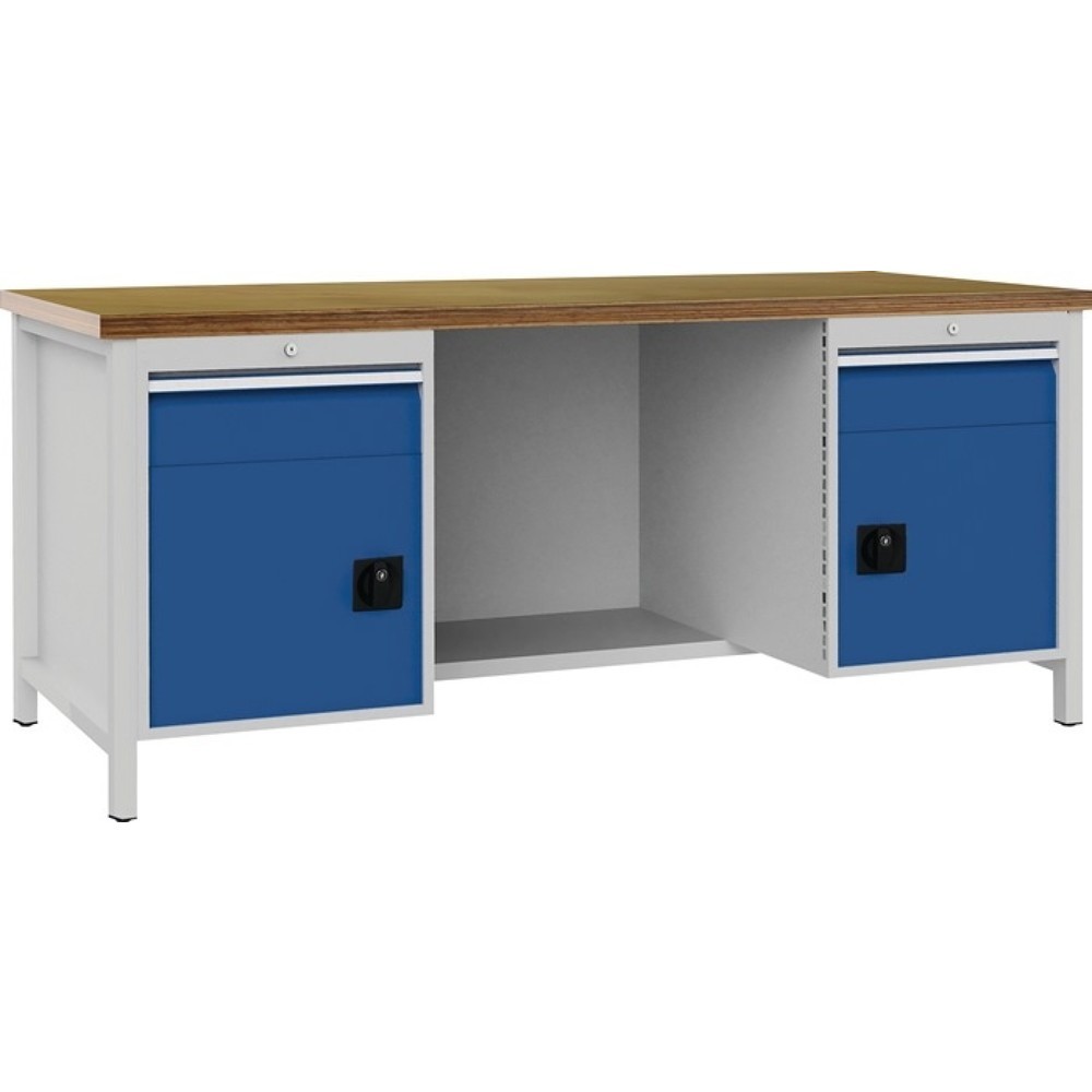 Illustration du produit: Bedrunka+Hirth Werkbank lichtgrau, RAL 7035 signalblau, RAL 5005, Buche Multiplex 40 mm, B2000xH859xT750 mm, 2 Schubladen 2 Türen