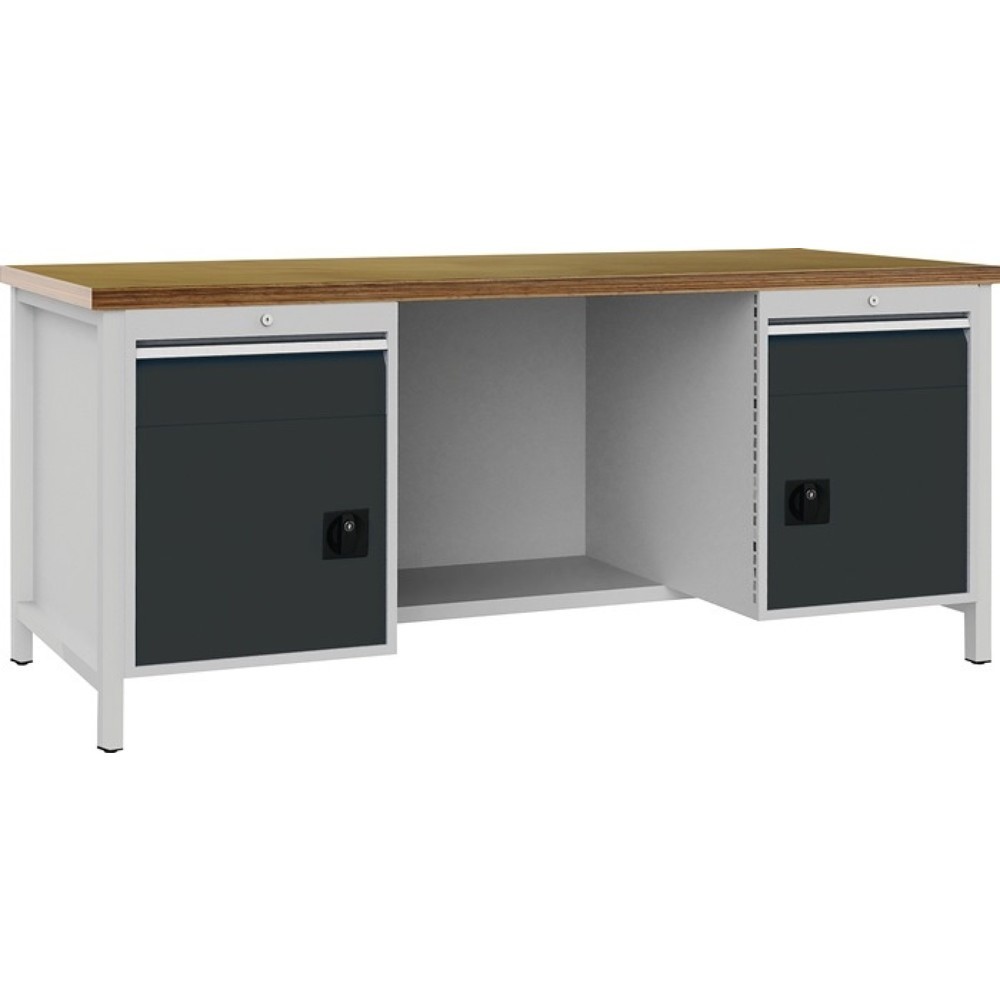Illustration du produit: Bedrunka+Hirth Werkbank lichtgrau anthrazitgrau, Buche Multiplex 40 mm, B2000xH859xT750 mm, 2 Schubladen 2 Türen