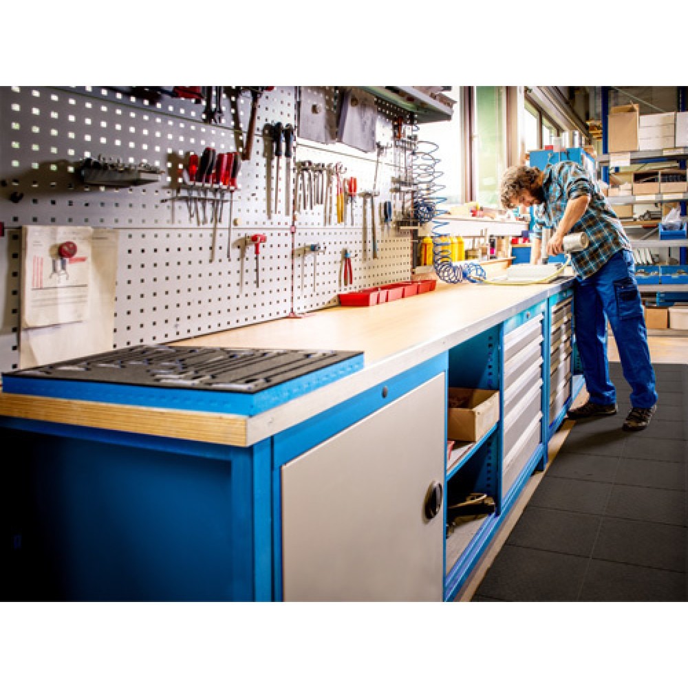 Produktabbildung Nr. 6: Bedrunka+Hirth Kastenwerkbank R 18-24, HxBxT 859 x 1.500 x 750 mm, lichtgrau, lichtblau, 4 Schubladen 4x150 mm, 1 Flügeltür 1x600 mm