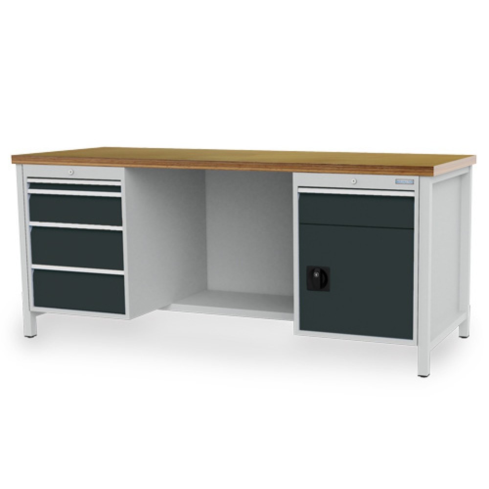Produktabbildung: Bedrunka+Hirth Werkbank R 18-24, HxBxT 859 x 2.000 x 750 mm, lichtgrau, anthrazitgrau, 5 Schubladen 1x50 + 2x150 + 2x200 mm, 1 Flügeltür 1x600 mm
