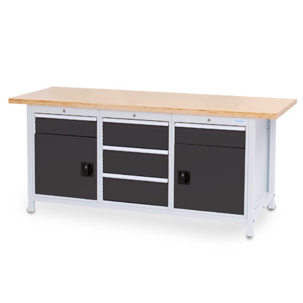 Produktabbildung: Bedrunka+Hirth Werkbank R 18-24, HxBxT 859 x 2.000 x 750 mm, lichtgrau, anthrazitgrau, 5 Schubladen 2x150 + 3x200 mm, 2 Flügeltüren 2x450 mm