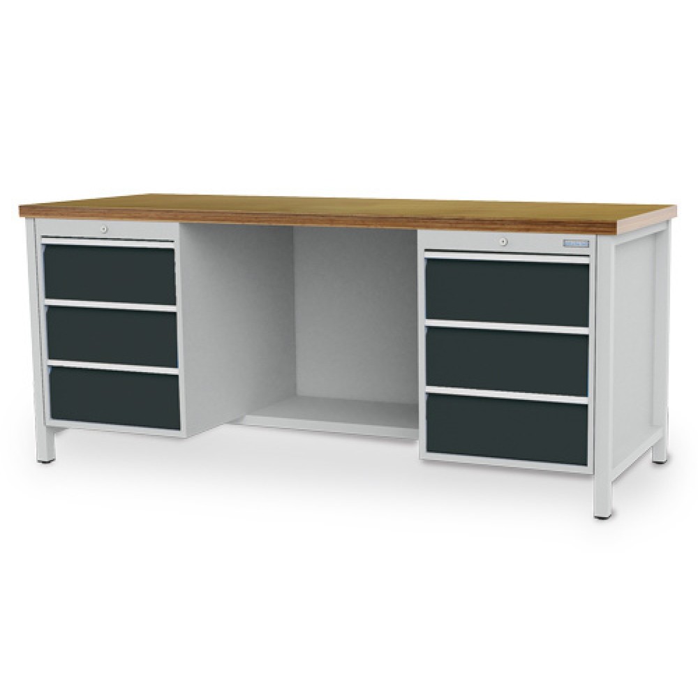 Produktabbildung: Bedrunka+Hirth Werkbank R 18-24, HxBxT 859 x 2.000 x 750 mm, lichtgrau, anthrazitgrau, 6 Schubladen 6x200 mm