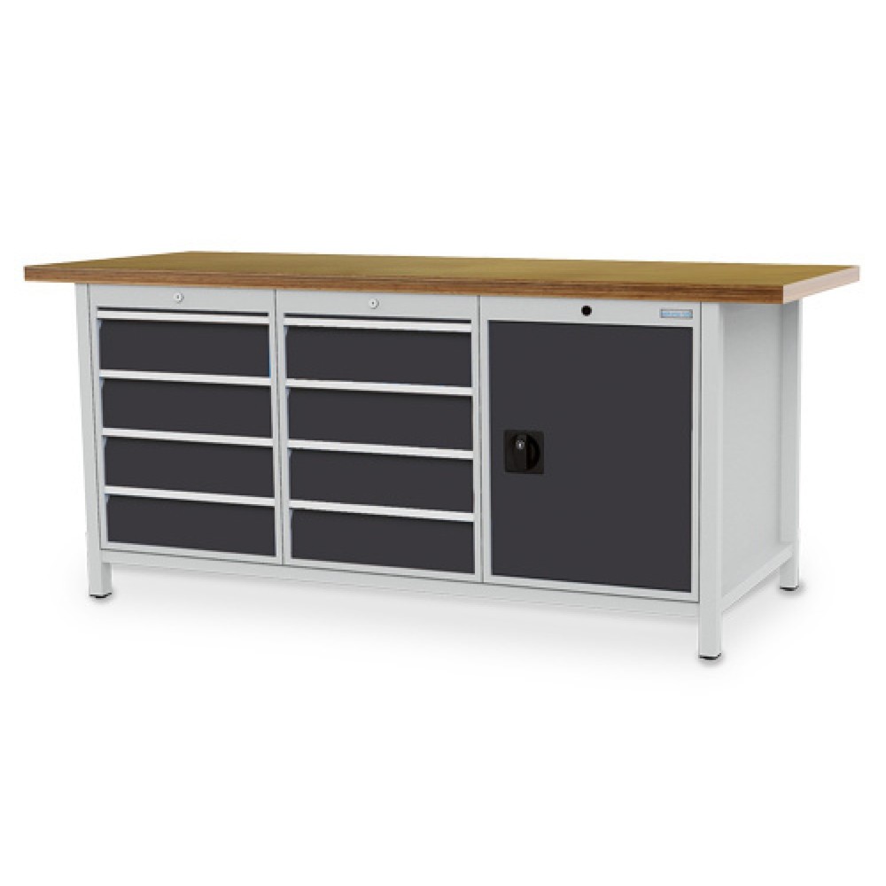 Produktabbildung: Bedrunka+Hirth Werkbank R 18-24, HxBxT 859 x 2.000 x 750 mm, lichtgrau, anthrazitgrau, 8 Schubladen 8x150 mm, 1 Flügeltür 1x600 mm