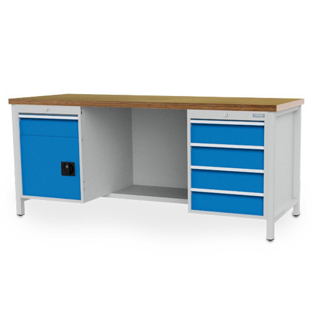 Produktabbildung: Bedrunka+Hirth Werkbank R 18-24, HxBxT 959 x 2.000 x 750 mm, lichtgrau, lichtblau, 5 Schubladen 5x150 mm, 1 Flügeltür 1x450 mm