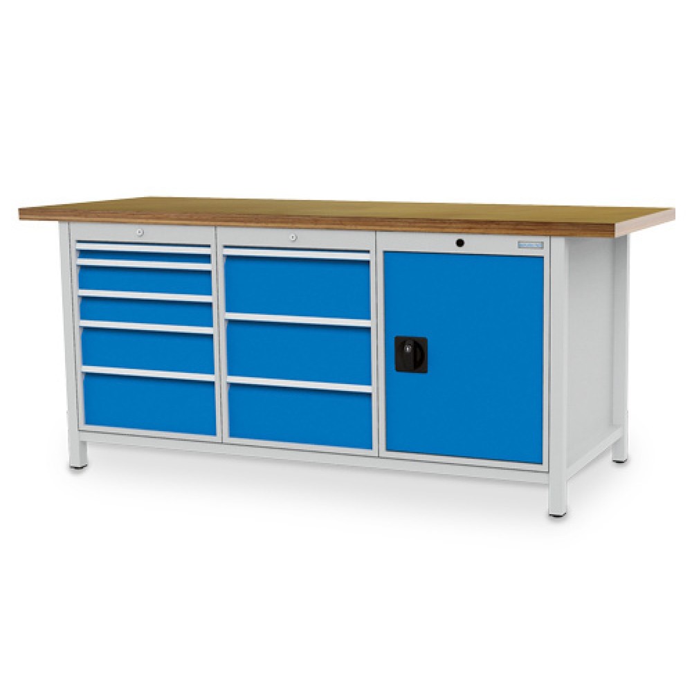 Produktabbildung: Bedrunka+Hirth Werkbank R 18-24, HxBxT 859 x 2.000 x 750 mm, lichtgrau, lichtblau, 8 Schubladen 1x50 + 2x100 + 1x150 + 4x200 mm, 1 Flügeltür 1x600 mm
