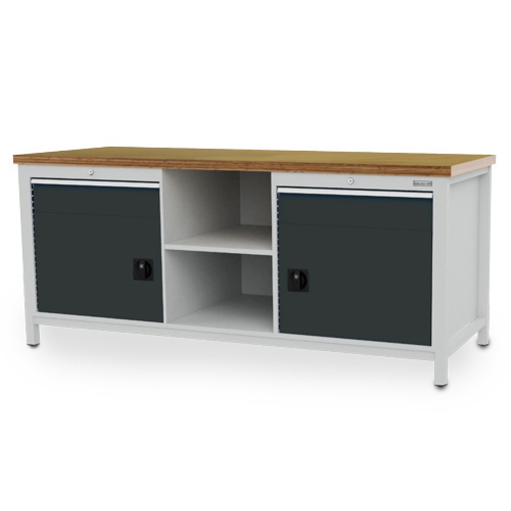 Produktabbildung: Bedrunka+Hirth Werkbank R 24-24, HxBxT 859 x 2.000 x 750 mm, lichtgrau, anthrazitgrau, 2 Schubladen 2x150 mm, 2 Flügeltüren 2x450 mm