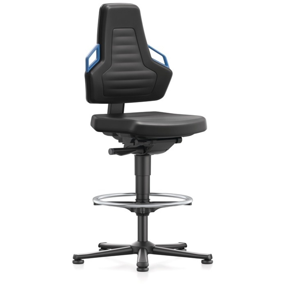 Produktabbildung: bimos Arbeitsdrehstuhl Nexxit, Integralschaum schwarz, Bodengleiter + Fussring, Grifffarbe blau 570-820 mm
