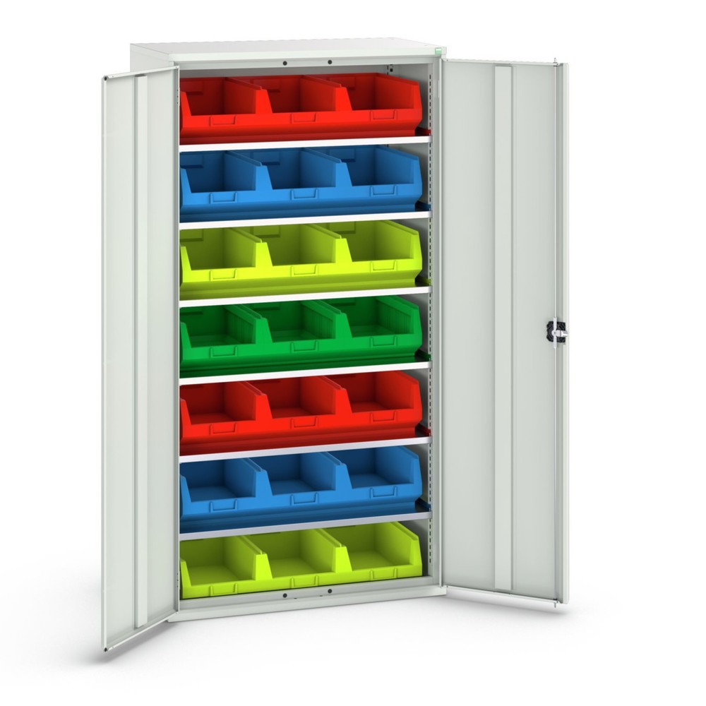 Illustration du produit: bott Armoire à bacs verso, avec 6 tablettes et 21 bacs à bec, lxPxH : 1 050 x 550 x 2 000 mm