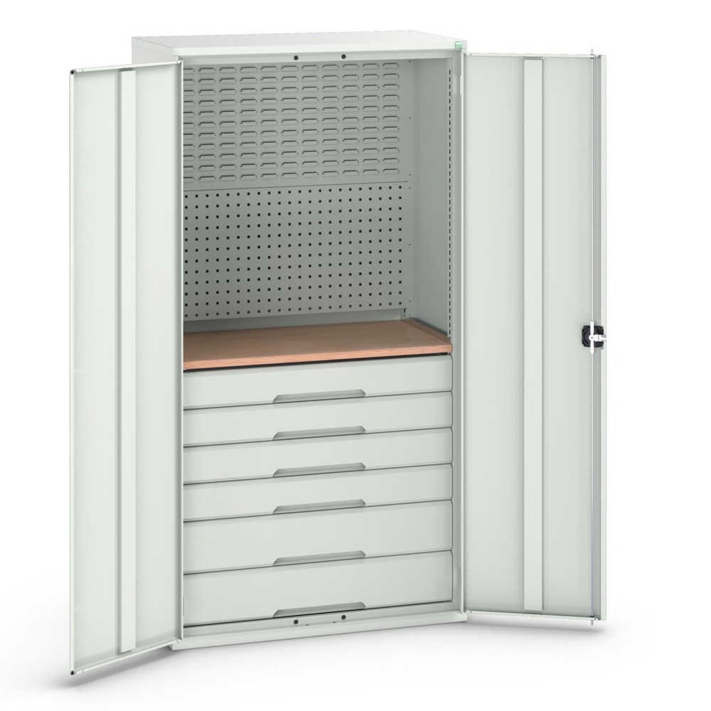 Illustration du produit: bott Armoire à portes battantes verso avec 6 tiroirs, avec paroi arrière et plan de travail, lxPxH : 1 050 x 550 x 2 000 mm