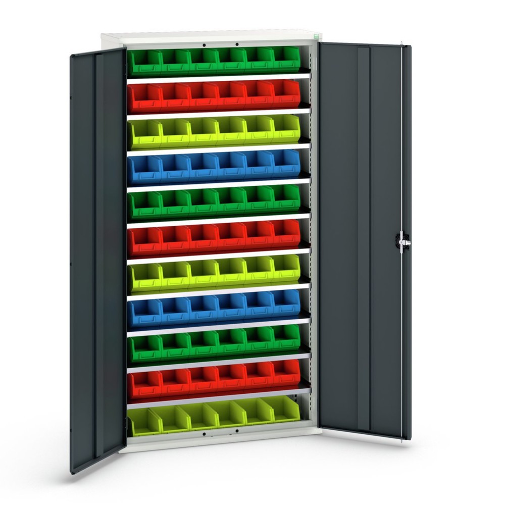 Produktabbildung: bott verso Magazinschrank, mit 10 Fachböden und 66 Sichtlagerkästen, BxTxH: 1050 x 350 x 2000 mm