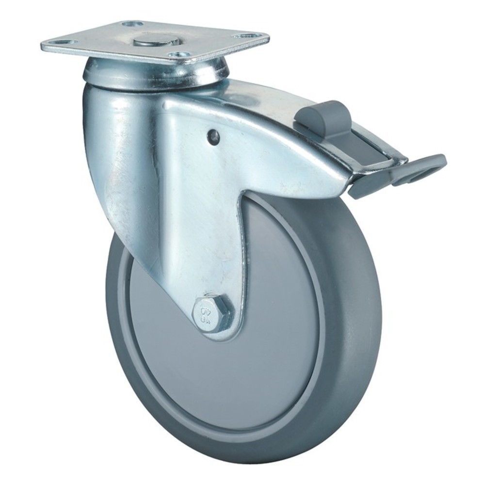 Illustration du produit: BS ROLLEN Roue directrice avec blocage total, avec plaque à visser, roulement à billes, Ø de la roue 125 mm, capacité de charge 100 kg, caoutchouc gris