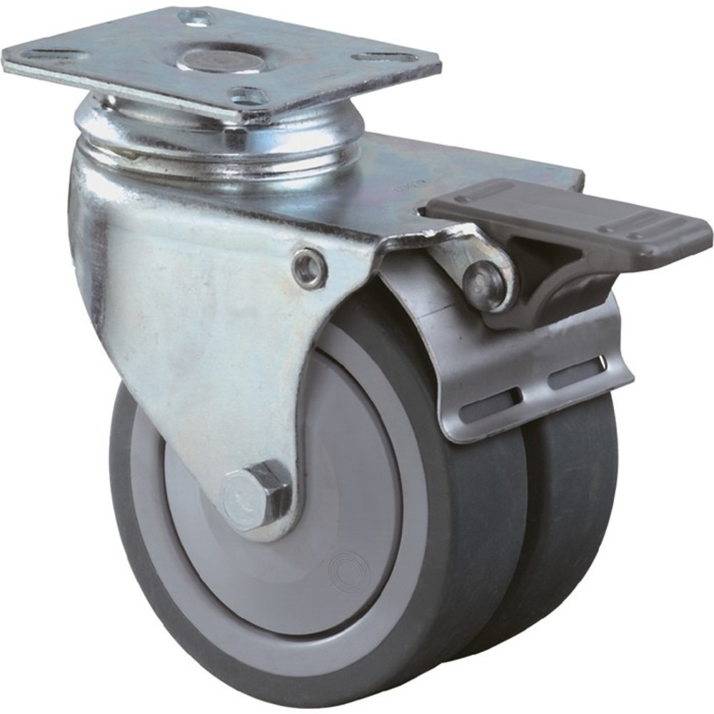 Illustration du produit: BS ROLLEN Roue directrice double avec blocage total, avec dispositif de blocage, caoutchouc, 50 mm, 60 kg, grise, 60 x 60 mm
