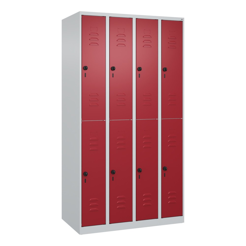 Produktabbildung: C+P Doppelstock-Spind Classic PLUS, 4 Abteile, HxBxT 1.850 x 1.000 x 500 mm, lichtgrau, rubinrot, für Vorhängeschloss, 8 Fächer