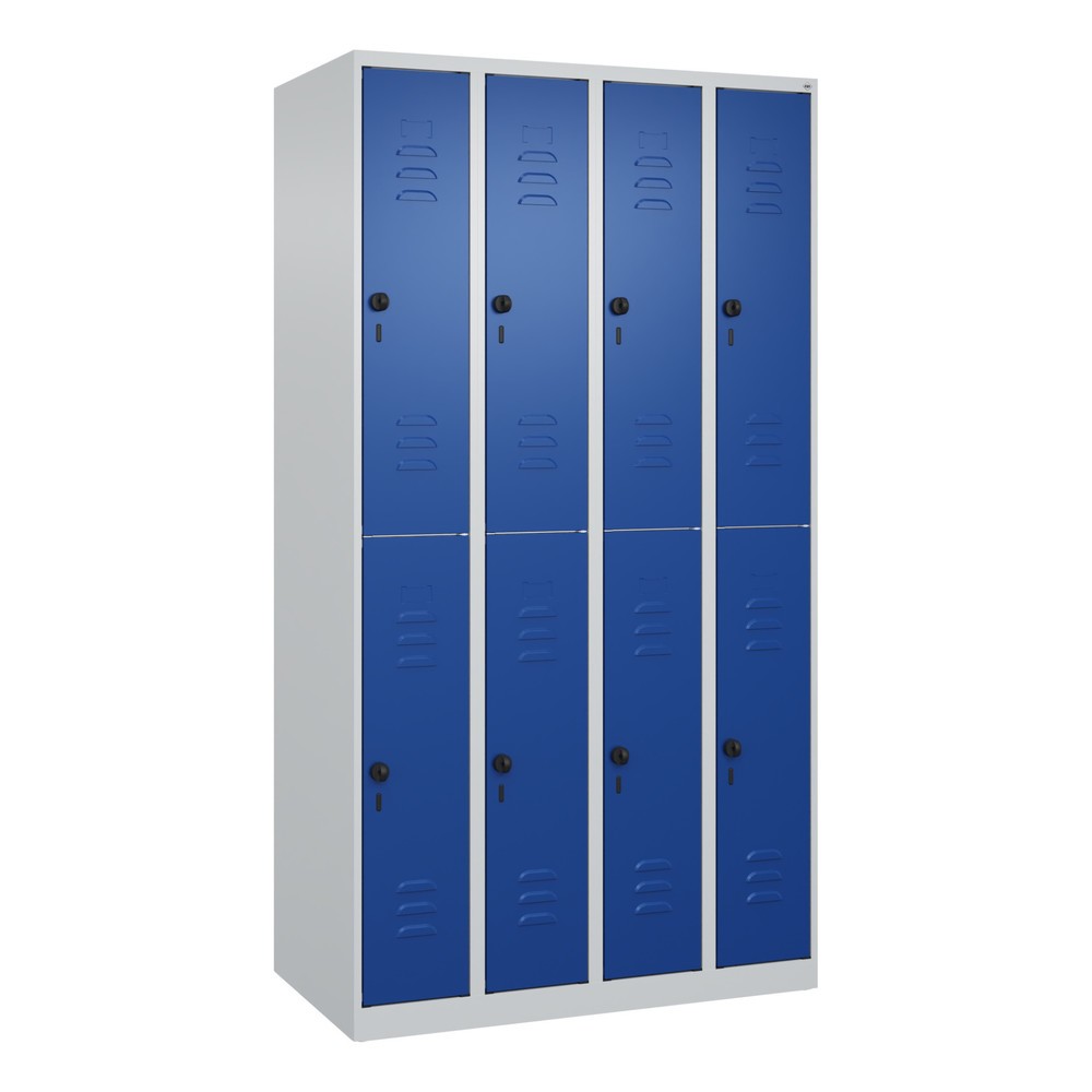 Produktabbildung: C+P Doppelstock-Spind Classic PLUS, 4 Abteile, HxBxT 1.850 x 1.000 x 500 mm, lichtgrau, enzianblau, für Vorhängeschloss, 8 Fächer