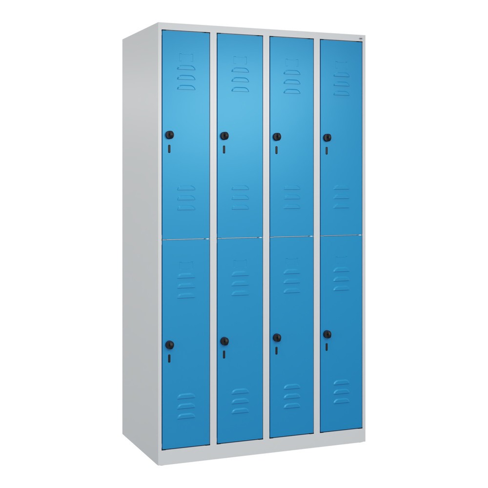 Produktabbildung: C+P Doppelstock-Spind Classic PLUS, 4 Abteile, HxBxT 1.850 x 1.000 x 500 mm, lichtgrau, lichtblau, für Vorhängeschloss, 8 Fächer