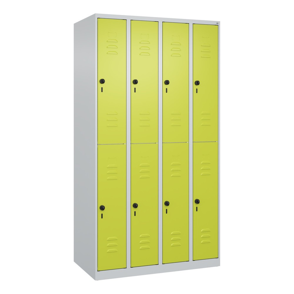 Produktabbildung: C+P Doppelstock-Spind Classic PLUS, 4 Abteile, HxBxT 1.850 x 1.000 x 500 mm, lichtgrau, clowngrün, für Vorhängeschloss, 8 Fächer