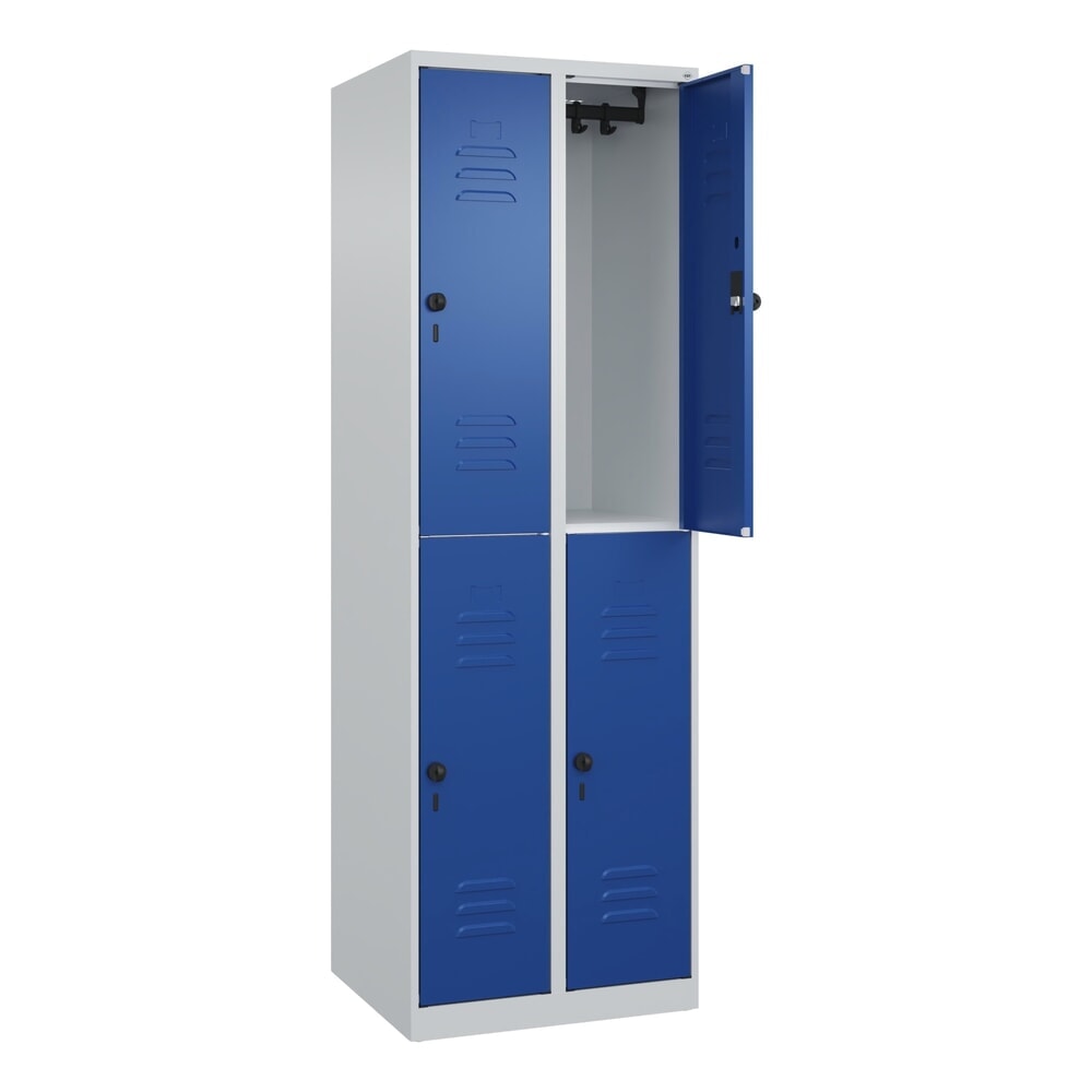 Illustration du produit: C+P Doppelstock-Spind Classic PLUS, 2 Abteile, HxBxT 1.850 x 600 x 500 mm, lichtgrau, enzianblau, für Vorhängeschloss, 4 Fächer
