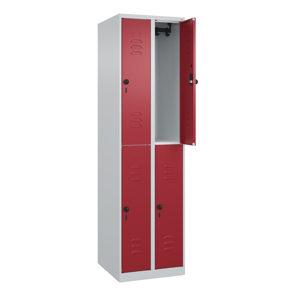 Produktabbildung: C+P Doppelstock-Spind Classic PLUS, 2 Abteile, HxBxT 1.850 x 500 x 500 mm, lichtgrau, rubinrot, für Vorhängeschloss, 4 Fächer