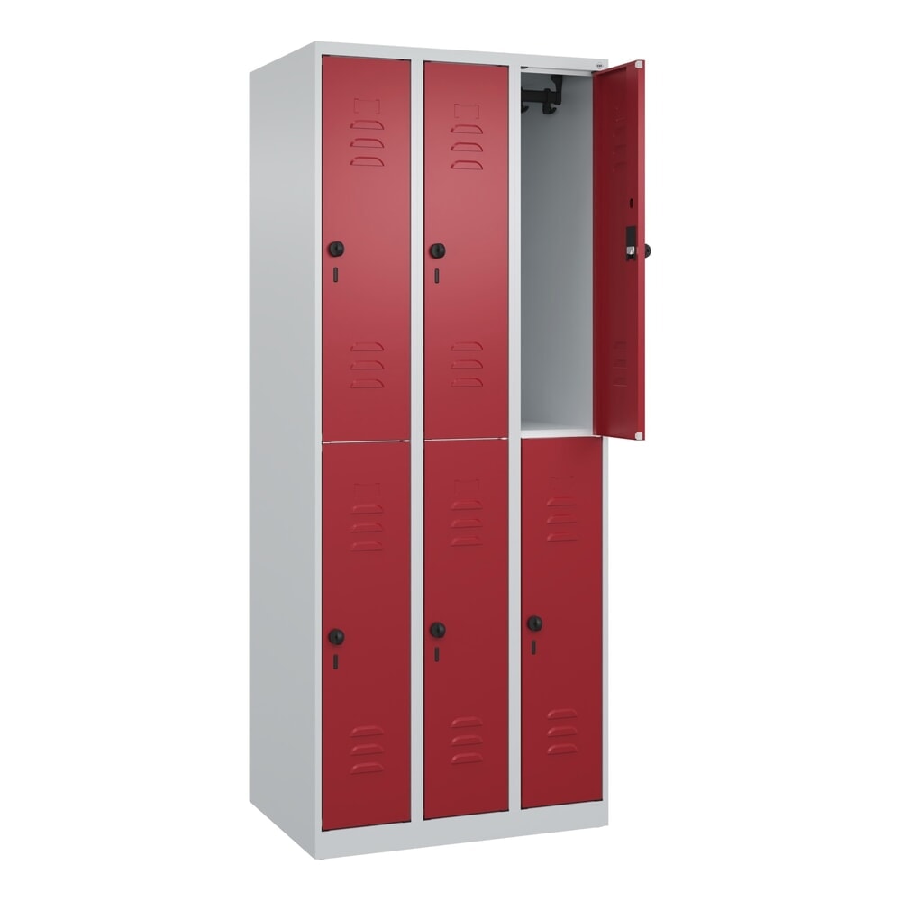 Produktabbildung: C+P Doppelstock-Spind Classic PLUS, 3 Abteile, HxBxT 1.850 x 750 x 500 mm, lichtgrau, rubinrot, für Vorhängeschloss, 6 Fächer