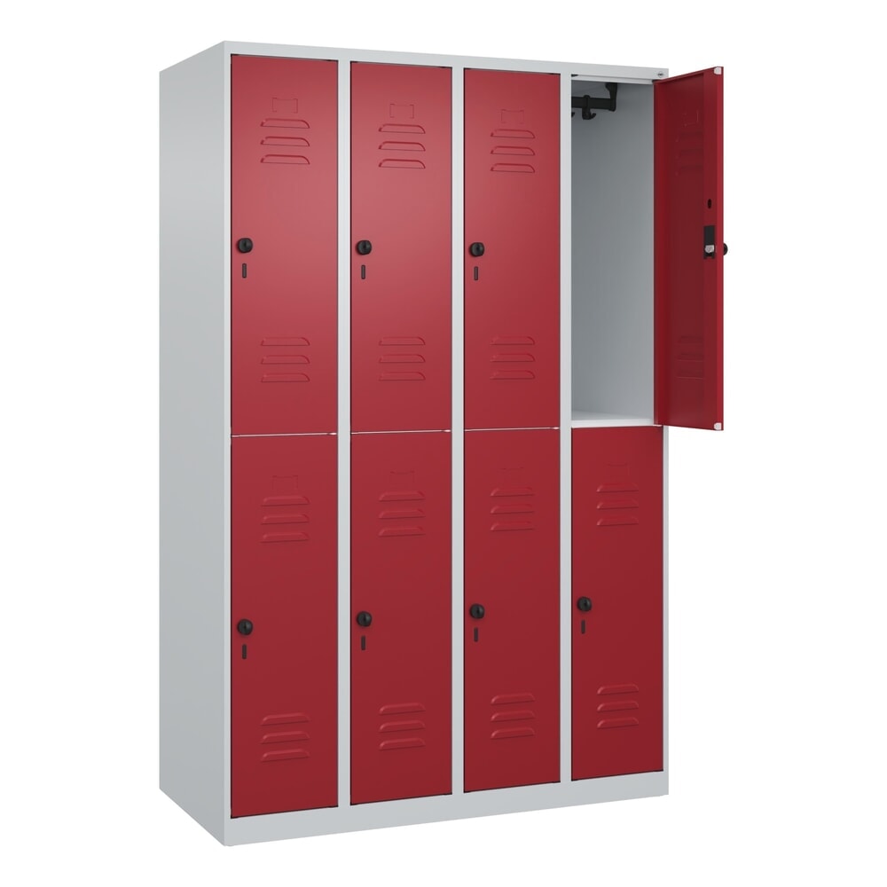 Illustration du produit: C+P Doppelstock-Spind Classic PLUS, 4 Abteile, HxBxT 1.850 x 1.200 x 500 mm, lichtgrau, rubinrot, für Vorhängeschloss, 8 Fächer