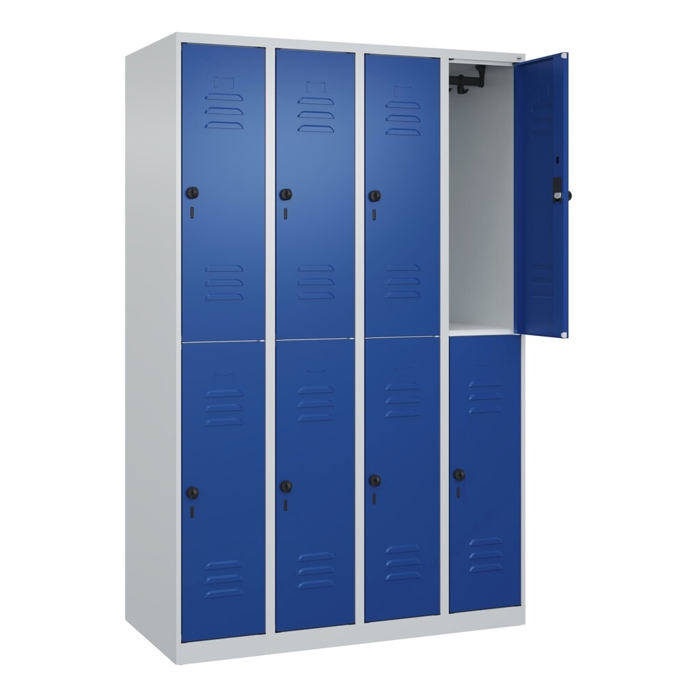 Illustration du produit: C+P Doppelstock-Spind Classic PLUS, 4 Abteile, HxBxT 1.850 x 1.200 x 500 mm, lichtgrau, enzianblau, für Vorhängeschloss, 8 Fächer