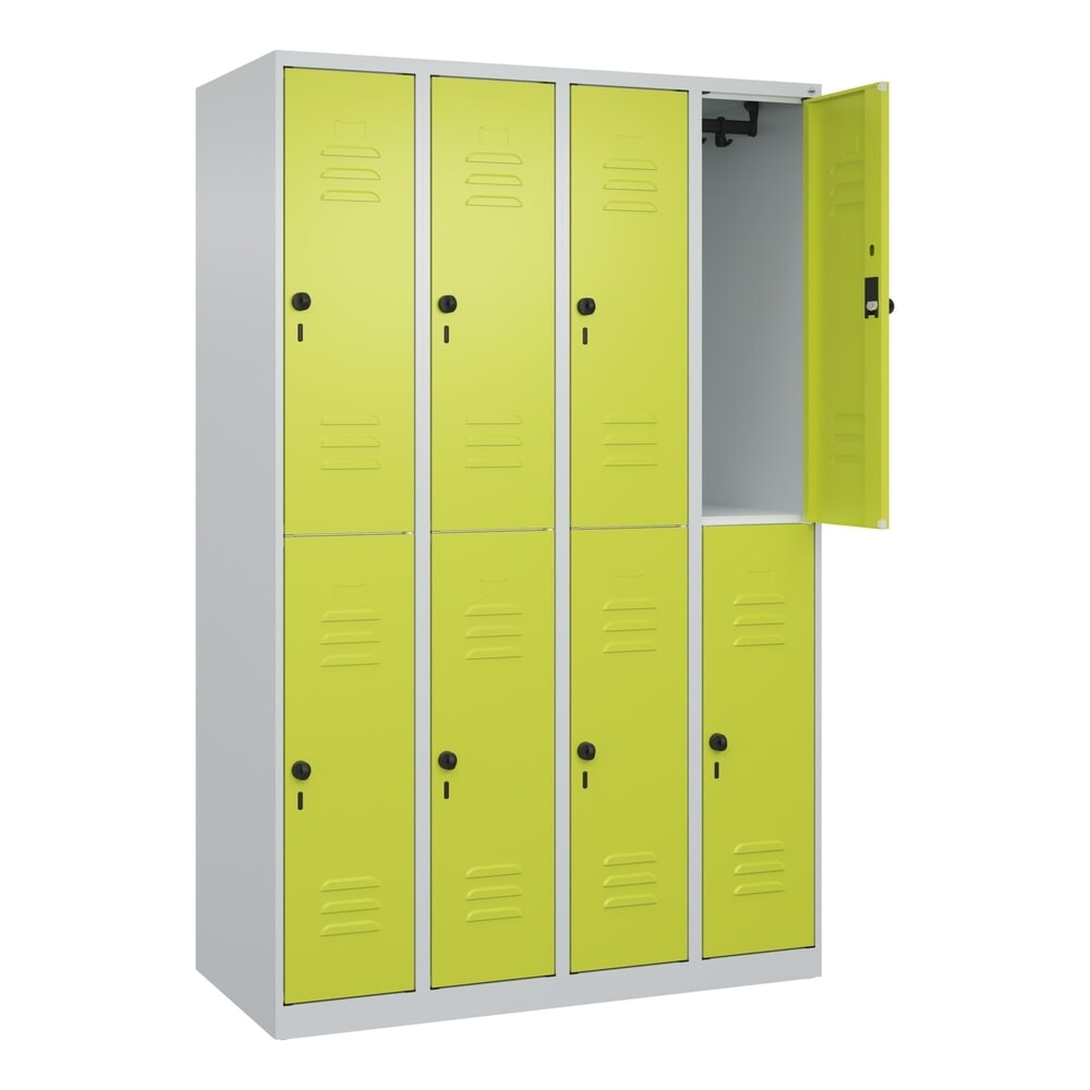 Illustration du produit: C+P Doppelstock-Spind Classic PLUS, 4 Abteile, HxBxT 1.850 x 1.200 x 500 mm, lichtgrau, clowngrün, für Vorhängeschloss, 8 Fächer