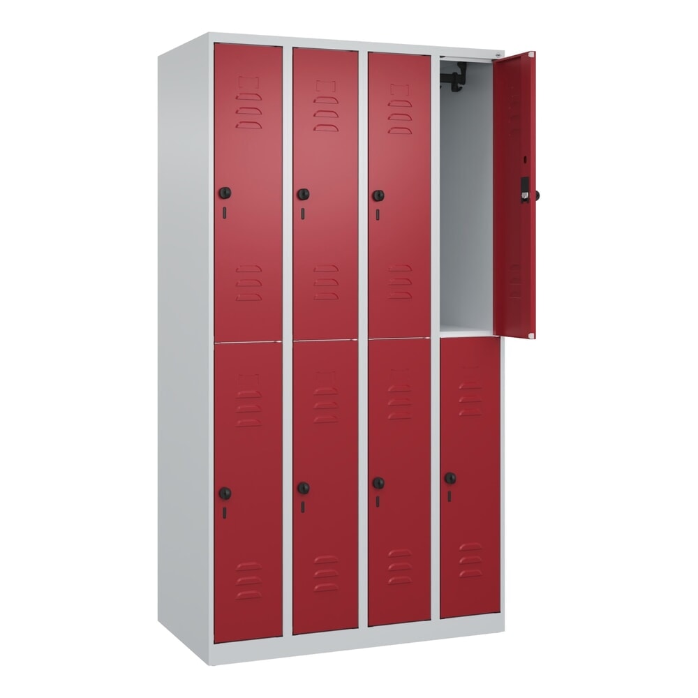 Produktabbildung: C+P Doppelstock-Spind Classic PLUS, 4 Abteile, HxBxT 1.850 x 1.000 x 500 mm, lichtgrau, rubinrot, für Vorhängeschloss, 8 Fächer