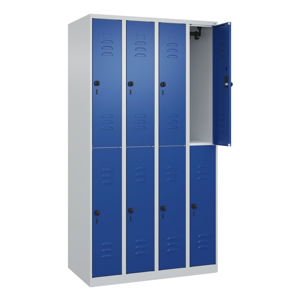Produktabbildung: C+P Doppelstock-Spind Classic PLUS, 4 Abteile, HxBxT 1.850 x 1.000 x 500 mm, lichtgrau, enzianblau, für Vorhängeschloss, 8 Fächer