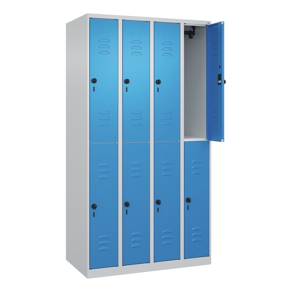 Produktabbildung: C+P Doppelstock-Spind Classic PLUS, 4 Abteile, HxBxT 1.850 x 1.000 x 500 mm, lichtgrau, lichtblau, für Vorhängeschloss, 8 Fächer