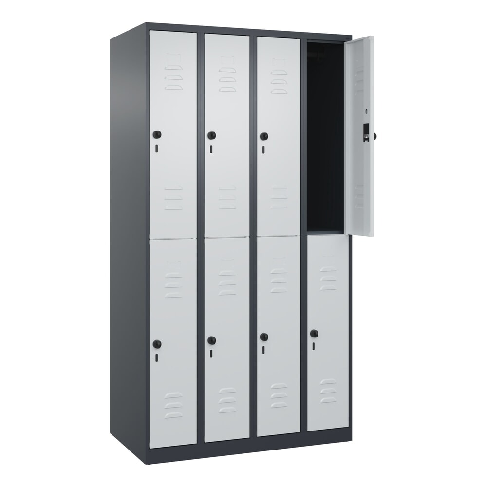 C+P Doppelstock-Spind Classic PLUS, 4 Abteile, HxBxT 1.850 x 1.000 x 500 mm, anthrazitgrau, lichtgrau, für Vorhängeschloss, 8 Fächer Produktabbildung: C+P Doppelstock-Spind Classic PLUS, 4 Abteile, HxBxT 1.850 x 1.000 x 500 mm, anthrazitgrau, lichtgrau, für Vorhängeschloss, 8 Fächer