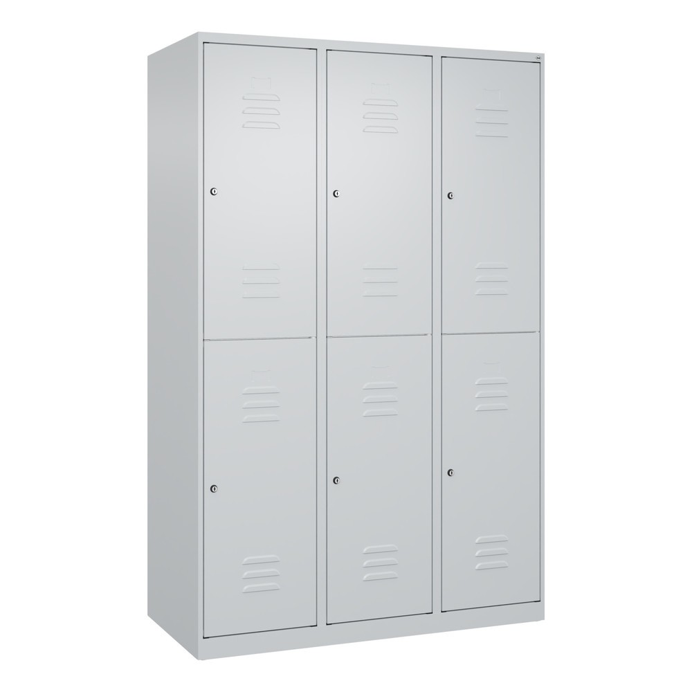 Illustration du produit: C+P Doppelstock-Spind Classic PLUS, 3 Abteile, HxBxT 1.850 x 1.200 x 500 mm, lichtgrau, lichtgrau, Zylinderschloss, 6 Fächer