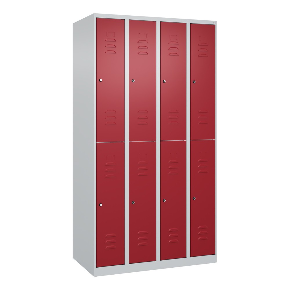 Produktabbildung: C+P Doppelstock-Spind Classic PLUS, 4 Abteile, HxBxT 1.850 x 1.000 x 500 mm, lichtgrau, rubinrot, Zylinderschloss, 8 Fächer