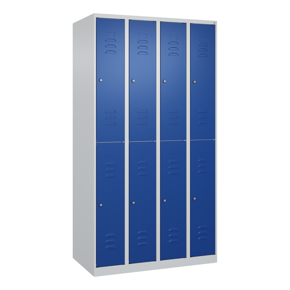 Produktabbildung: C+P Doppelstock-Spind Classic PLUS, 4 Abteile, HxBxT 1.850 x 1.000 x 500 mm, lichtgrau, enzianblau, Zylinderschloss, 8 Fächer