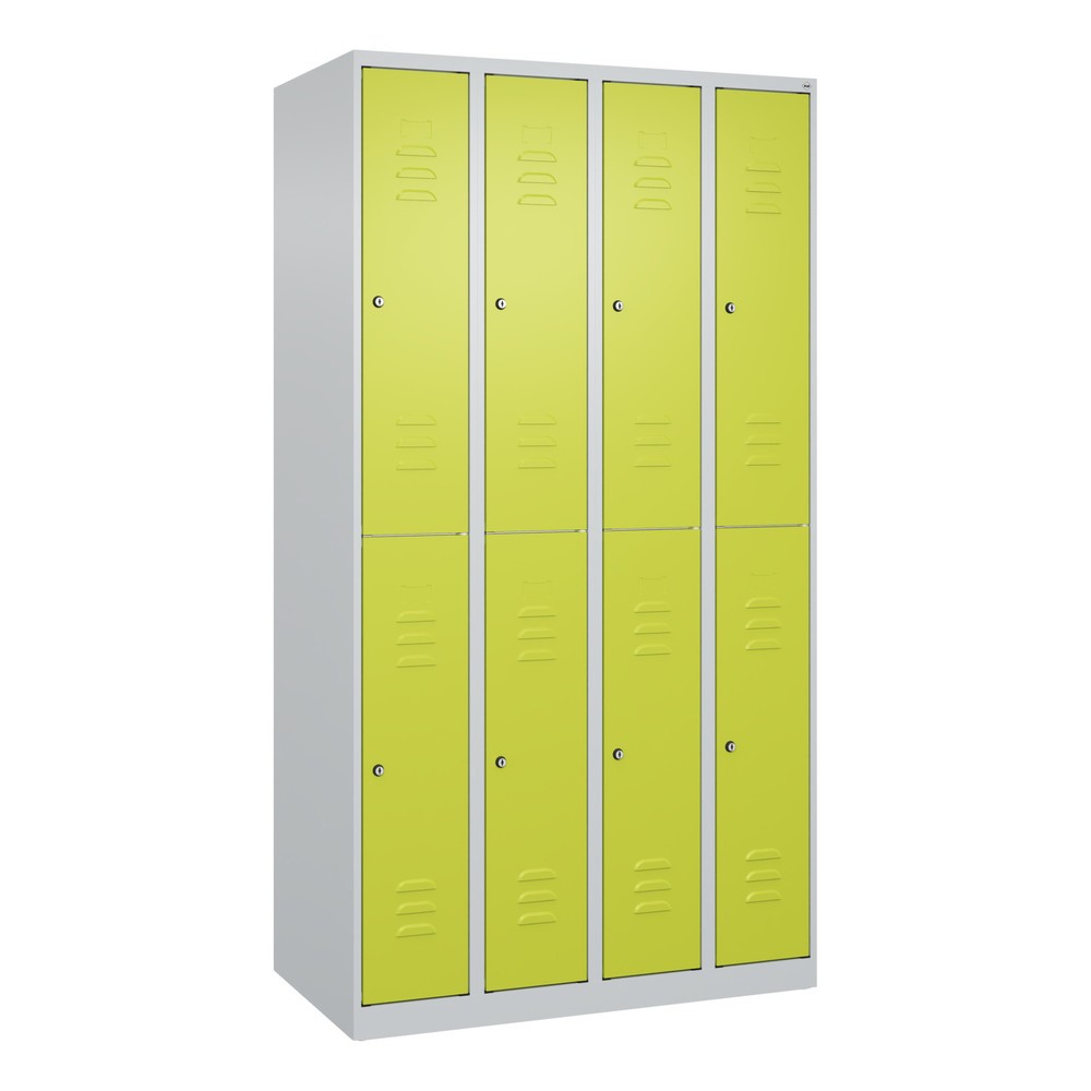 Produktabbildung: C+P Doppelstock-Spind Classic PLUS, 4 Abteile, HxBxT 1.850 x 1.000 x 500 mm, lichtgrau, clowngrün, Zylinderschloss, 8 Fächer