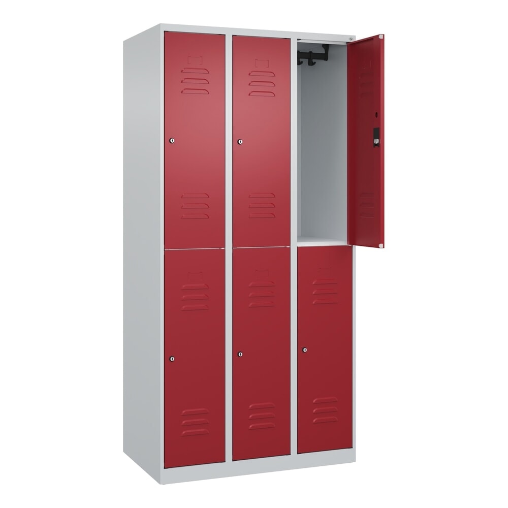 Produktabbildung Nr. 1: C+P Doppelstock-Spind Classic PLUS, 3 Abteile, HxBxT 1.850 x 900 x 500 mm, lichtgrau, rubinrot, Zylinderschloss, 6 Fächer