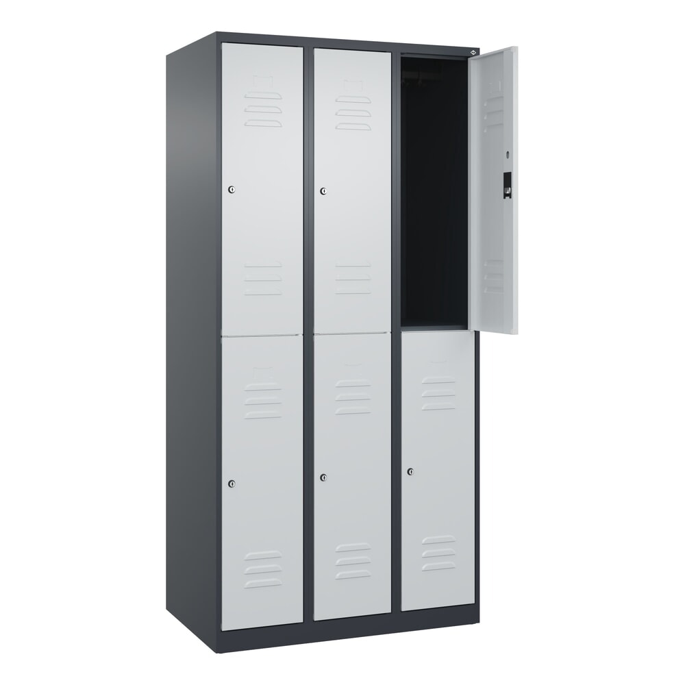Illustration du produit: C+P Doppelstock-Spind Classic PLUS, 3 Abteile, HxBxT 1.850 x 900 x 500 mm, anthrazitgrau, lichtgrau, Zylinderschloss, 6 Fächer