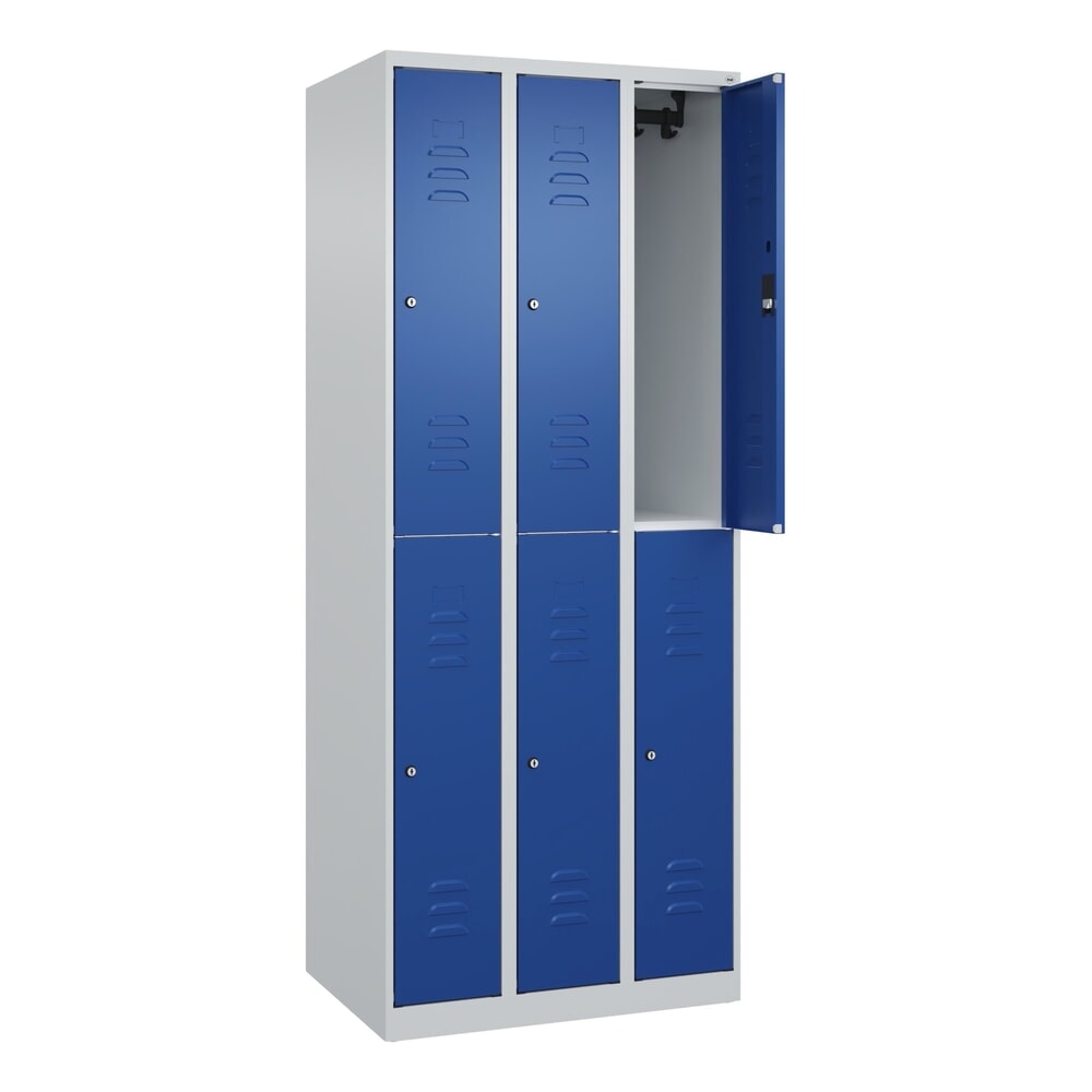 N° de l'image du produit 1 : C+P Doppelstock-Spind Classic PLUS, 3 Abteile, HxBxT 1.850 x 750 x 500 mm, lichtgrau, enzianblau, Zylinderschloss, 6 Fächer
