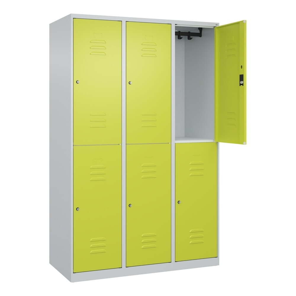 Illustration du produit: C+P Doppelstock-Spind Classic PLUS, 3 Abteile, HxBxT 1.850 x 1.200 x 500 mm, lichtgrau, clowngrün, Zylinderschloss, 6 Fächer