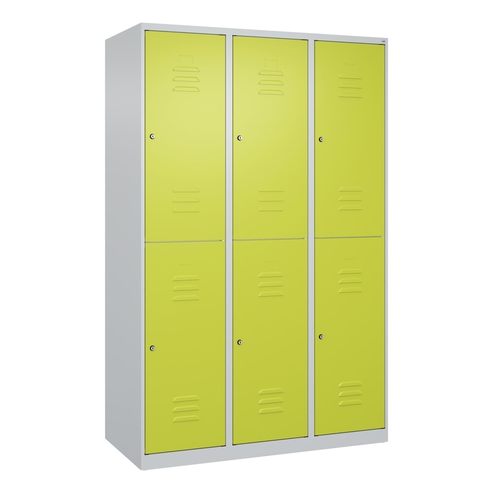 N° de l'image du produit 9 : C+P Doppelstock-Spind Classic PLUS, 3 Abteile, HxBxT 1.850 x 1.200 x 500 mm, lichtgrau, clowngrün, Zylinderschloss, 6 Fächer