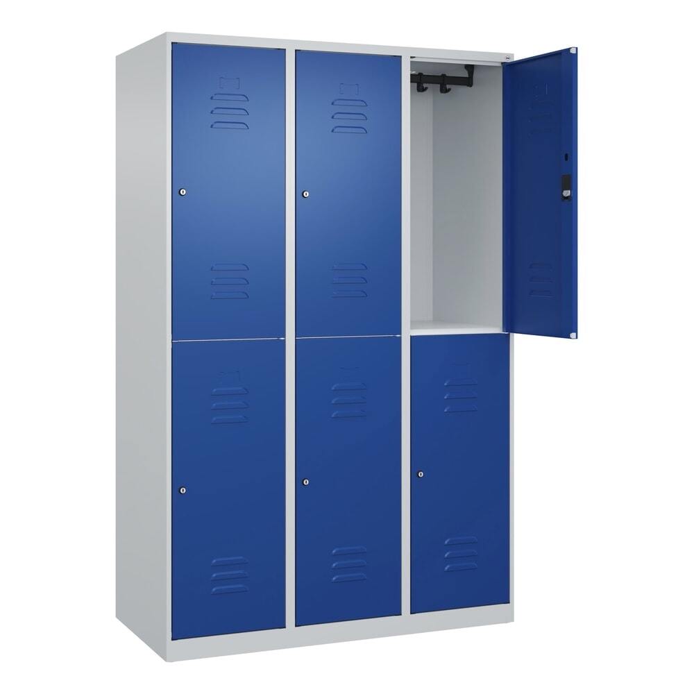 Illustration du produit: C+P Doppelstock-Spind Classic PLUS, 3 Abteile, HxBxT 1.850 x 1.200 x 500 mm, lichtgrau, enzianblau, Zylinderschloss, 6 Fächer
