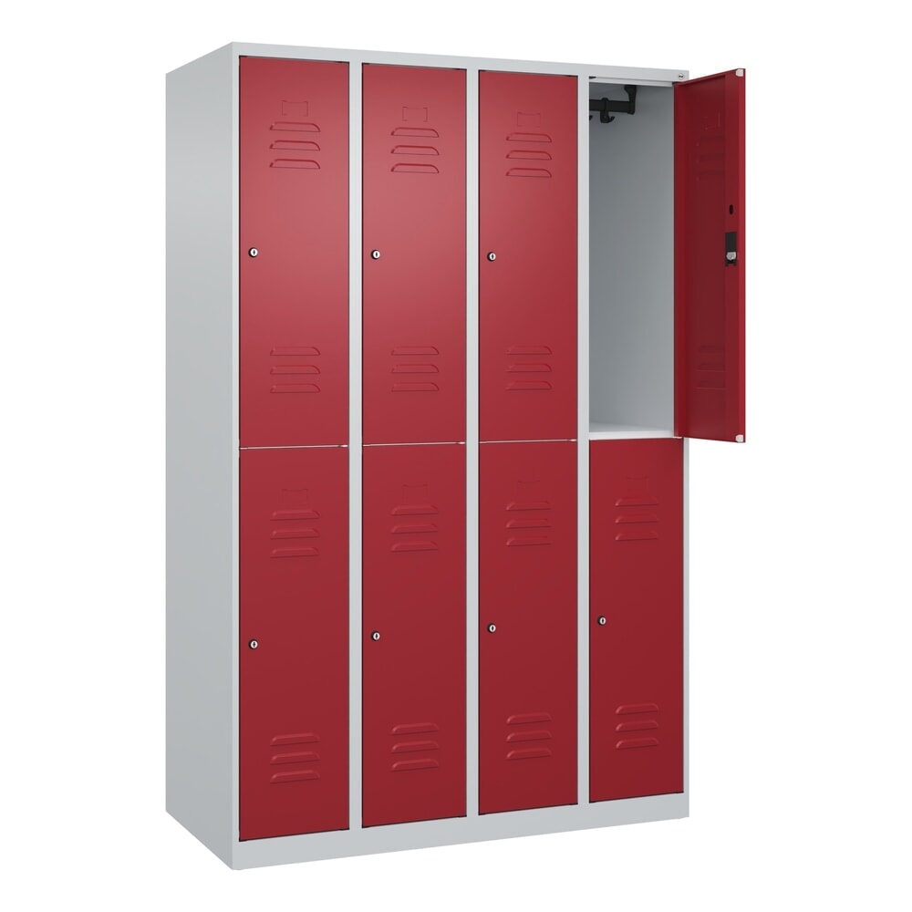 Produktabbildung: C+P Doppelstock-Spind Classic PLUS, 4 Abteile, HxBxT 1.850 x 1.200 x 500 mm, lichtgrau, rubinrot, Zylinderschloss, 8 Fächer