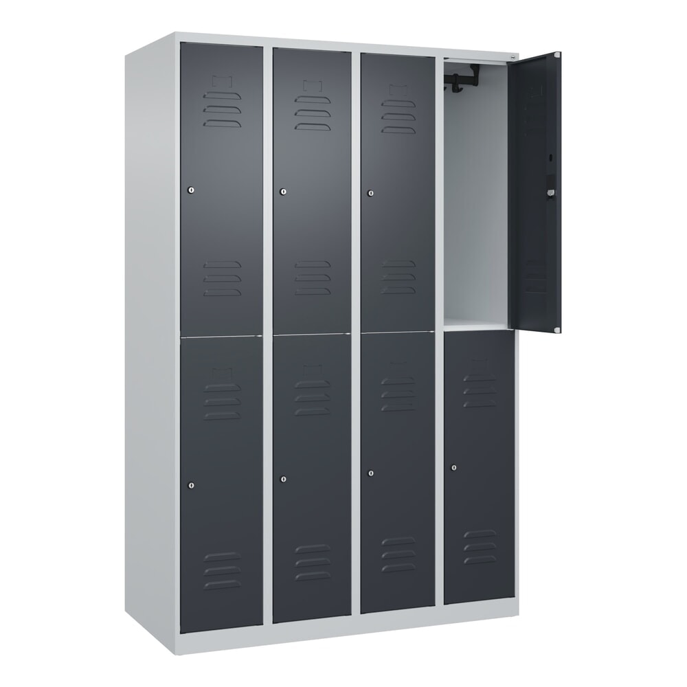 Illustration du produit: C+P Doppelstock-Spind Classic PLUS, 4 Abteile, HxBxT 1.850 x 1.200 x 500 mm, lichtgrau, anthrazitgrau, Zylinderschloss, 8 Fächer
