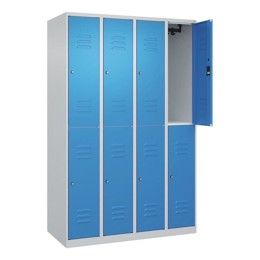 Produktabbildung: C+P Doppelstock-Spind Classic PLUS, 4 Abteile, HxBxT 1.850 x 1.200 x 500 mm, lichtgrau, lichtblau, Zylinderschloss, 8 Fächer