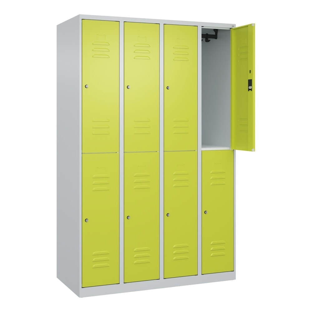 Produktabbildung: C+P Doppelstock-Spind Classic PLUS, 4 Abteile, HxBxT 1.850 x 1.200 x 500 mm, lichtgrau, clowngrün, Zylinderschloss, 8 Fächer