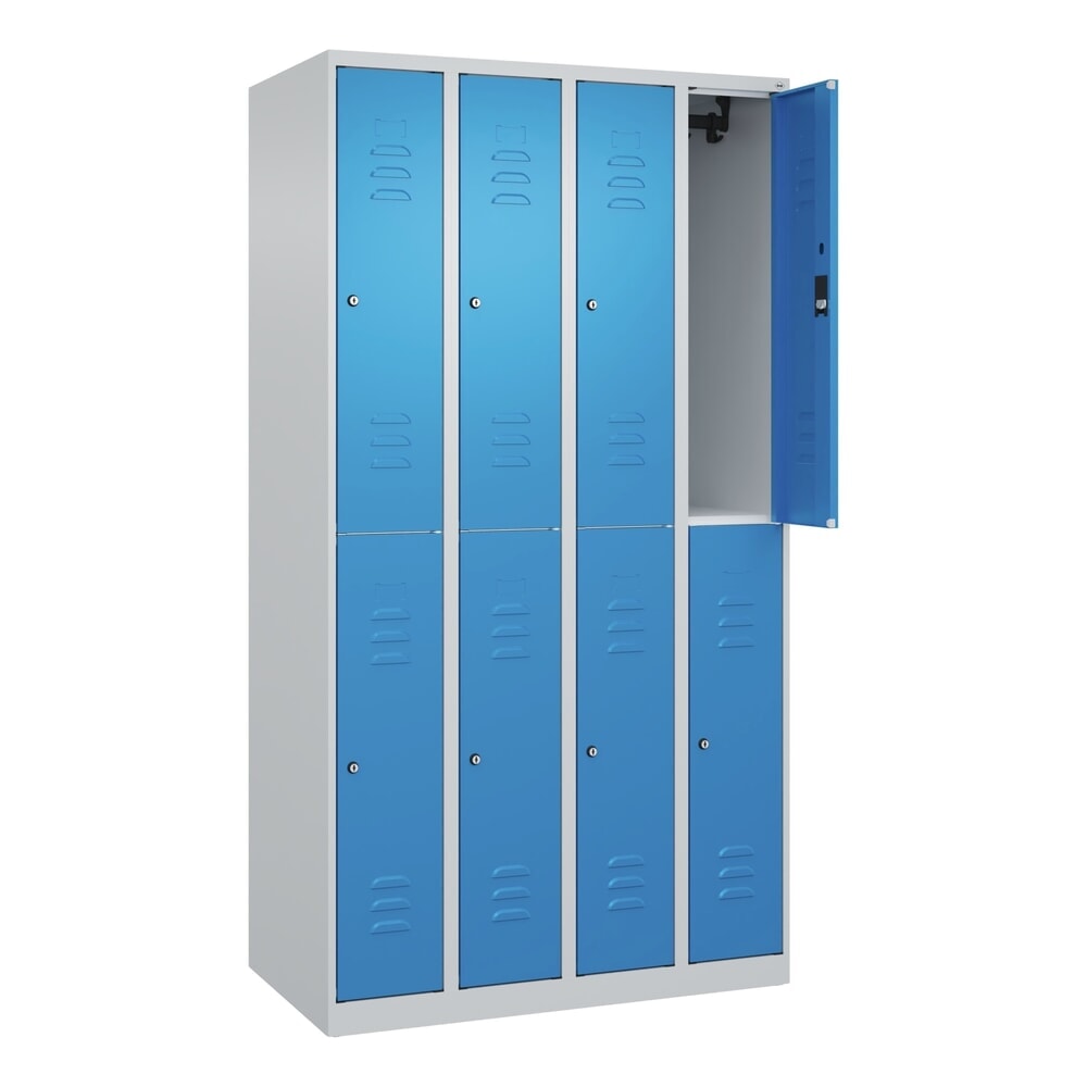 C+P Doppelstock-Spind Classic PLUS, 4 Abteile, HxBxT 1.850 x 1.000 x 500 mm, lichtgrau, lichtblau, Zylinderschloss, 8 Fächer Produktabbildung: C+P Doppelstock-Spind Classic PLUS, 4 Abteile, HxBxT 1.850 x 1.000 x 500 mm, lichtgrau, lichtblau, Zylinderschloss, 8 Fächer