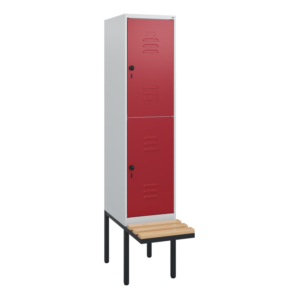Produktabbildung: C+P Doppelstock-Spind Classic PLUS, 1 Abteil, HxBxT 1.950 x 400 x 815 mm, für Vorhängeschloss, auskragende Bank aus Buche, lichtgrau, rubinrot