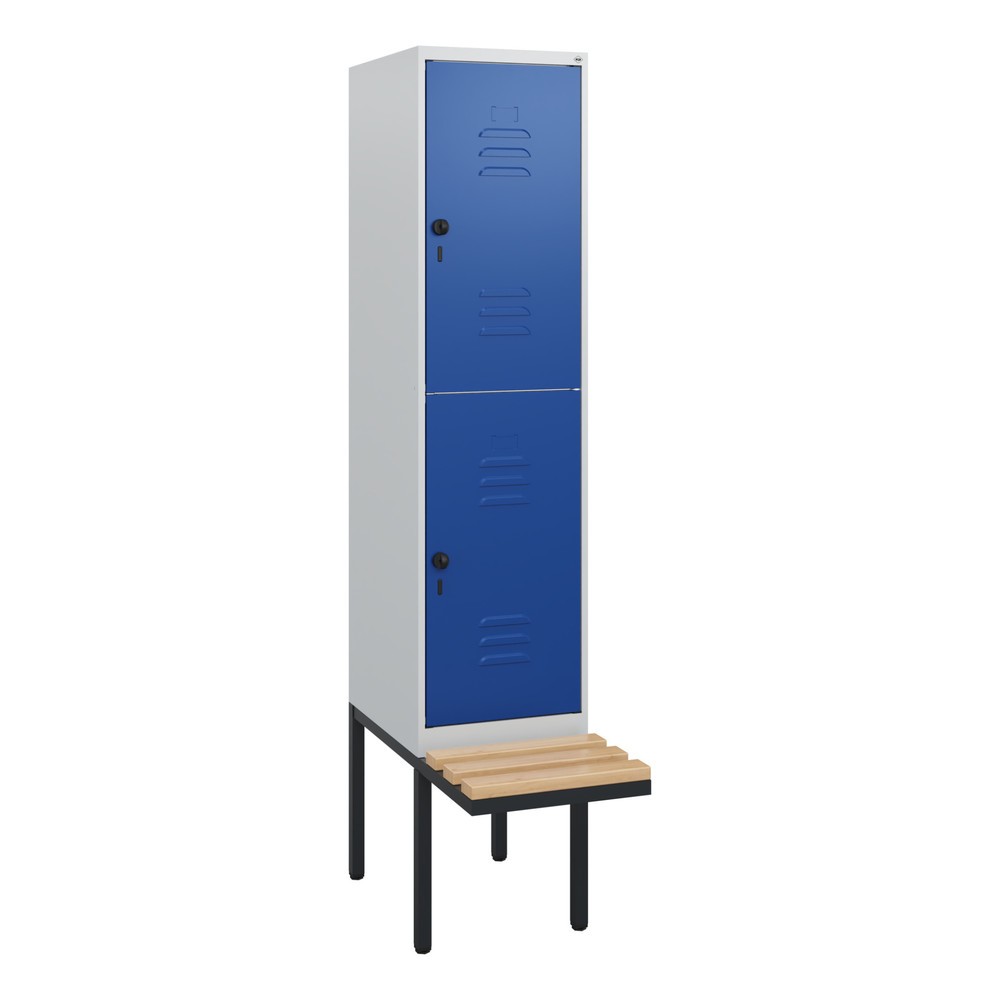 Produktabbildung: C+P Doppelstock-Spind Classic PLUS, 1 Abteil, HxBxT 1.950 x 400 x 815 mm, für Vorhängeschloss, auskragende Bank aus Buche, lichtgrau, enzianblau